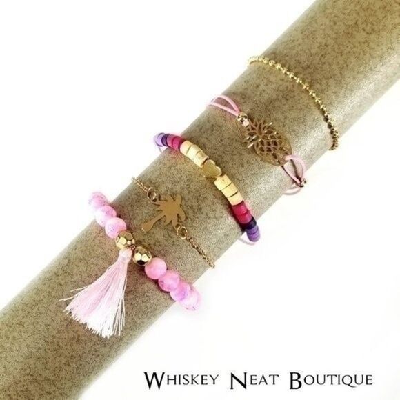 Pink Palm Beaded Boho Charm Bracelets Set of Five - Picture 2 of 5